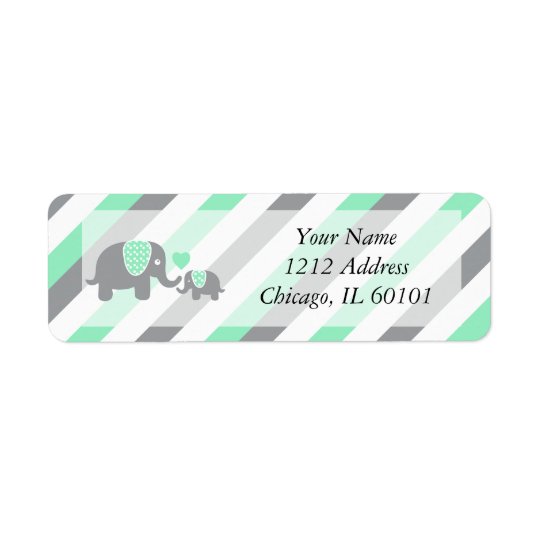 White, Green & Grey Stripe Elephants Baby Shower Return Address Label