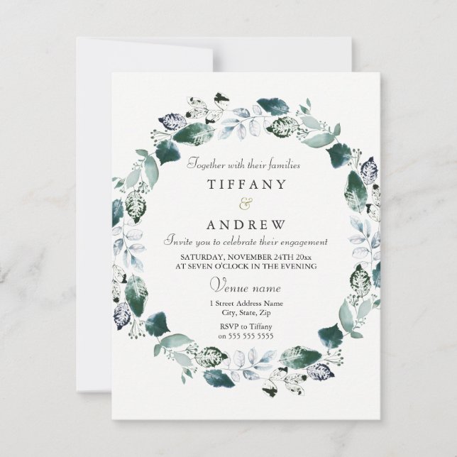 White Green Leaf Wreath Engagement Party Invite (Front)