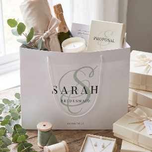 White Green Monogram Personalized Bridesmaid Large Gift Bag