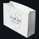White Green Monogram Personalized Bridesmaid Large Gift Bag<br><div class="desc">This cute personalized bridesmaid gift bag features personalized bridesmaid's name,  calligraphy monogram in sage green colour and wedding date. Change background and fonts colours easily if you like.</div>