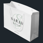White Green Monogram Personalized Bridesmaid Large Gift Bag<br><div class="desc">This cute personalized bridesmaid gift bag features personalized bridesmaid's name,  calligraphy monogram in sage green colour and wedding date. Change background and fonts colours easily if you like.</div>