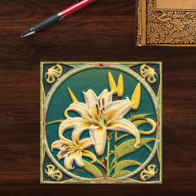 White Green Oriental Lily Art Nouveau Inspired Tile (Creator Uploaded)