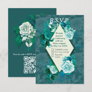 White/Green Rose Flowers on Green pattern paper RSVP Card