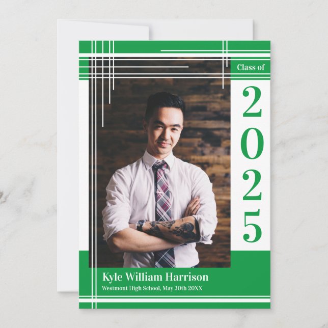 White Green School Colour Graduation Photo Plaid Invitation (Front)