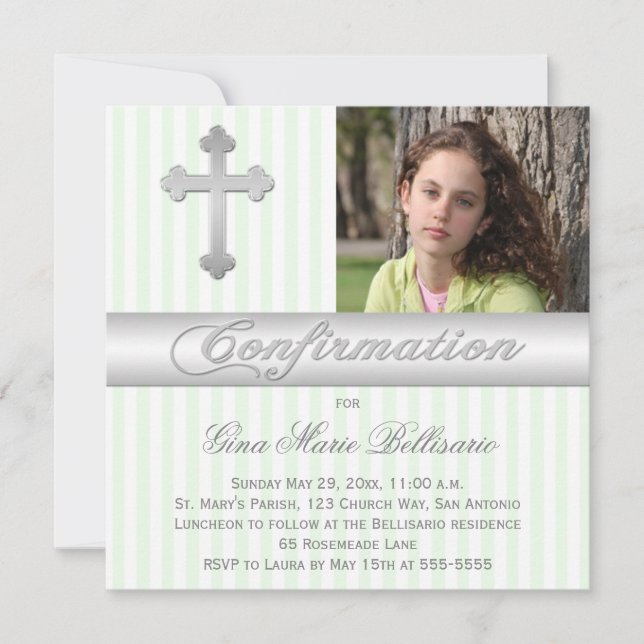 White Green Stripes Confirmation Photo Invitation (Front)