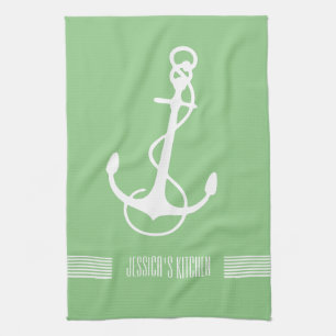 White & Green Stripes Nautical Boat Anchor Kitchen Towel