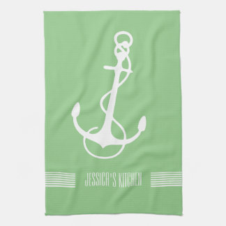 White & Green Stripes Nautical Boat Anchor Kitchen Towel