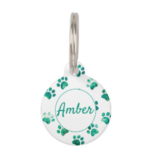 White Green Textured Paw Print Personalized Pet Tag