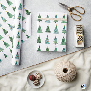 White Green Watercolor Festive Winter Tree X-mas Wrapping Paper