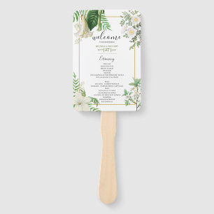 White Green Watercolor Floral Gold Wedding Program Hand Fan