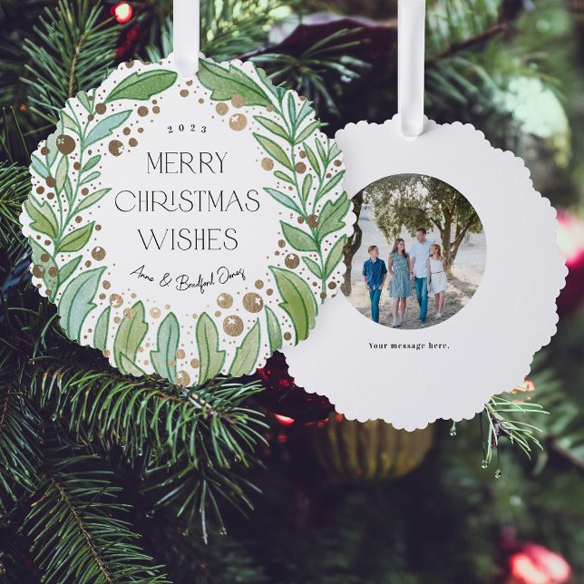 White Greenery Wreath Merry Christmas Ornament Card (roundish ornament card with white background with green leaves and faux gold foil berries)