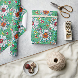 White Greenery Yellow Orange Red Daisy Flowers Wrapping Paper