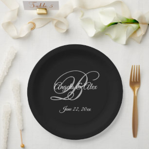 White Grey and Black Fancy Monogram Wedding Paper Plate