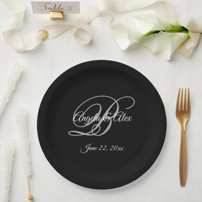 White Grey and Black Fancy Monogram Wedding Paper Plate (Wedding)