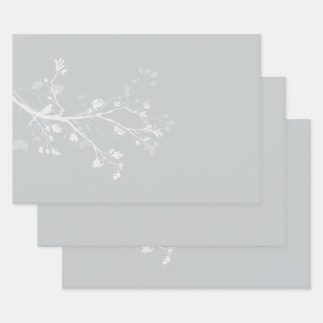 White Grey Bird Branches Wedding Wrapping Paper Sheet (Set)
