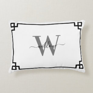 White Grey Black Greek Key Monogrammed Accent Pillow