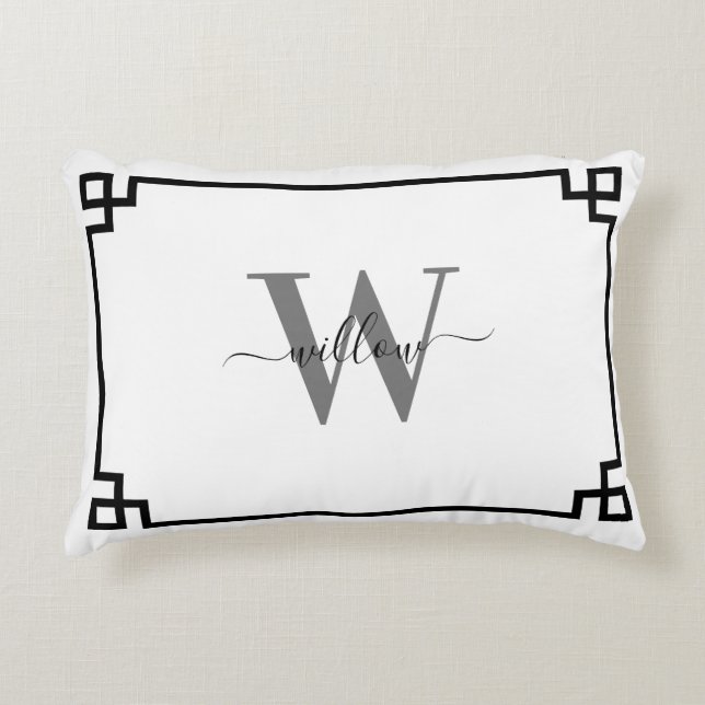 White Grey Black Greek Key Monogrammed Accent Pillow (Front)