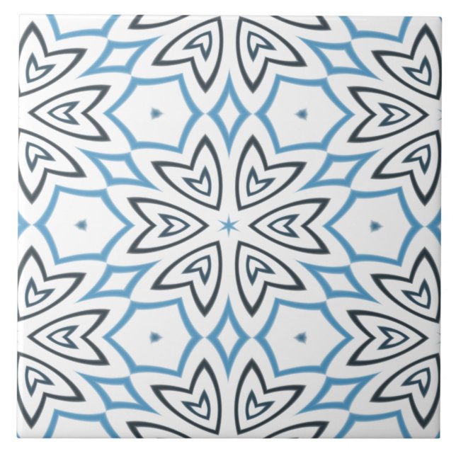 White, Grey & Blue Geometric Snowflake Tile (Front)