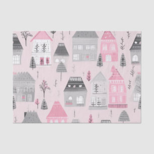 White Grey Christmas Houses on Pink Tissue Paper