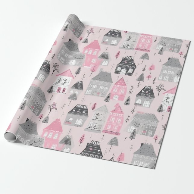 White Grey Christmas Houses on Pink Wrapping Paper (Unrolled)