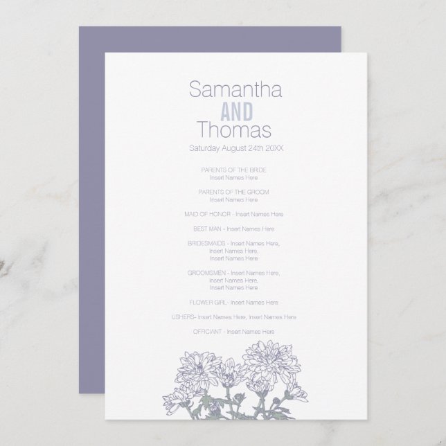 White grey chrysanthemum wedding program (Front/Back)