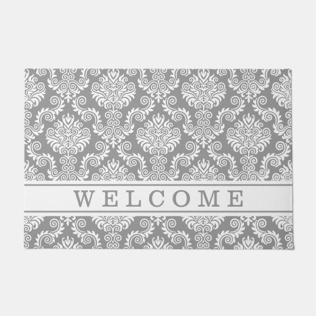 White & Grey Damask Pattern{pick your colour} Doormat (Front)