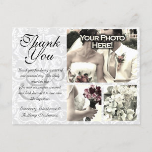 White/Grey Damask Wedding Thank You Card 3 Photos