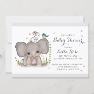 White Grey Elephant Bunny Baby Shower Invitation