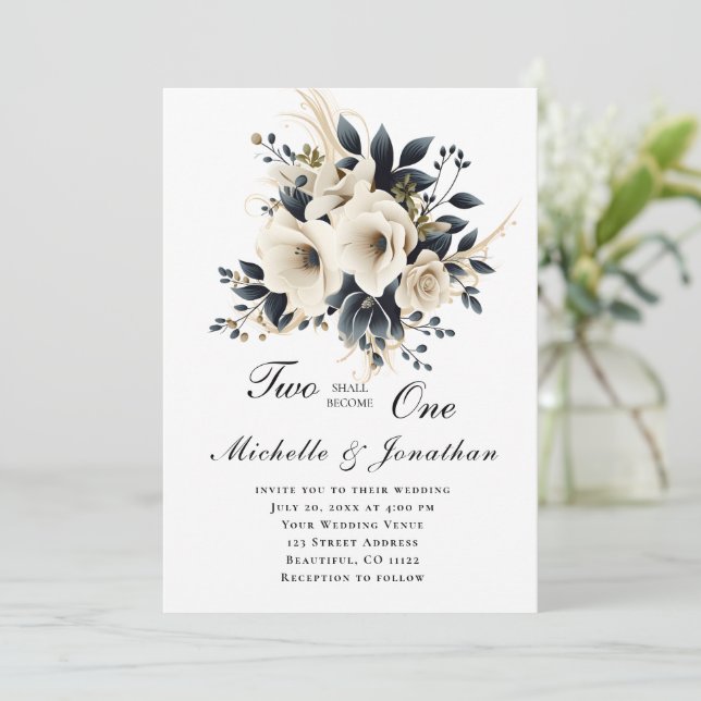 White Grey Floral Two Become One Bible Wedding Invitation (Standing Front)