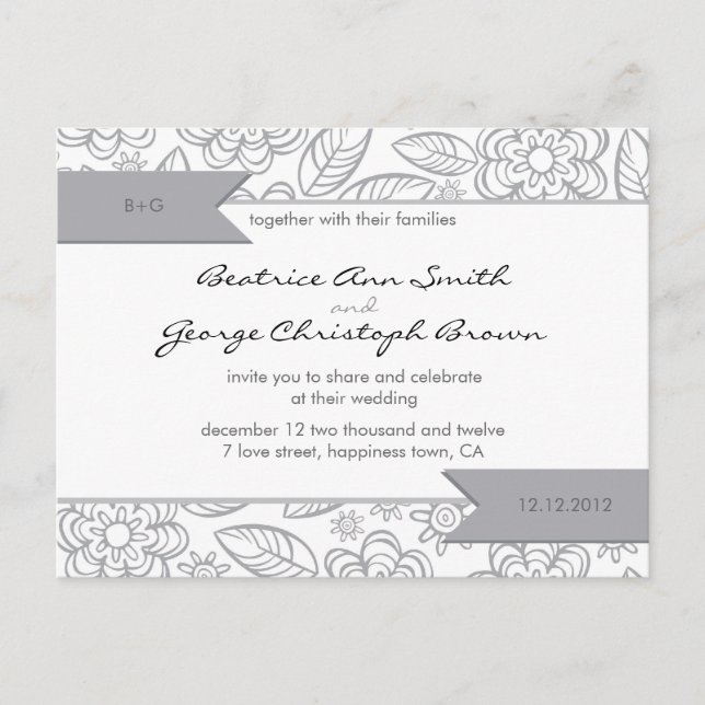 white & grey flowers pattern wedding invite (Front)