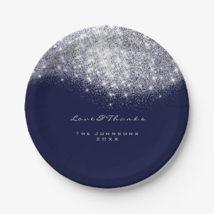 White Grey Glitter Birthday Blue Navy 16th Wedding Paper Plate