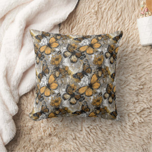 White Grey Gold Elegant Floral Monarch Butterfly Throw Pillow