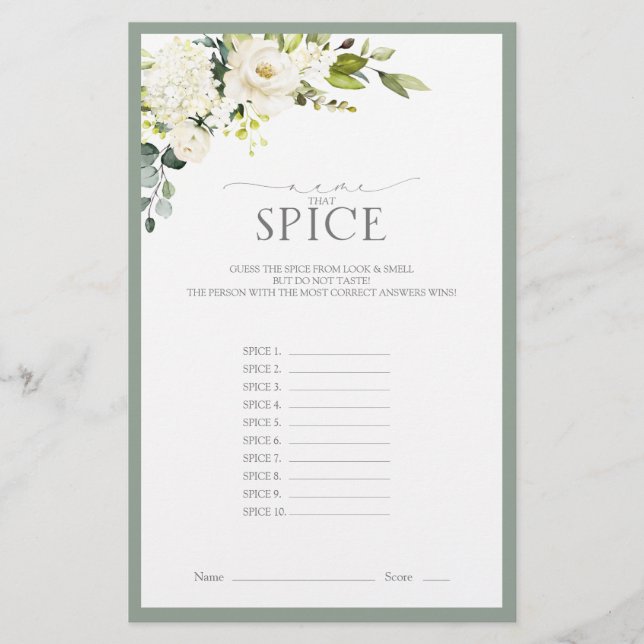 White Grey Green Watercolor Bridal Shower Game (Front)