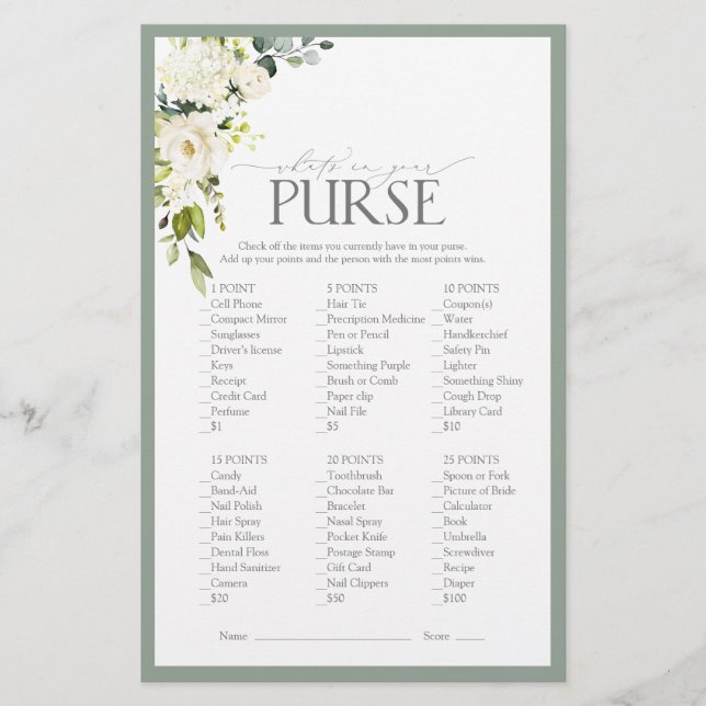 White Grey Green Watercolor Bridal Shower Game (Front)