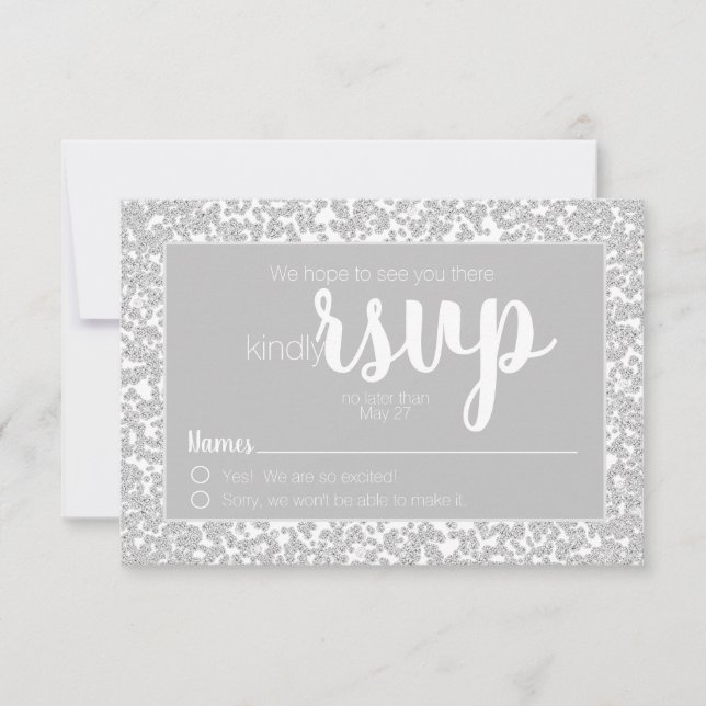 White Grey Informal Diamond Glitter Wedding RSVP Card (Front)