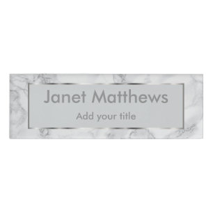 White & Grey Marble and Silver Texture Design Name Tag