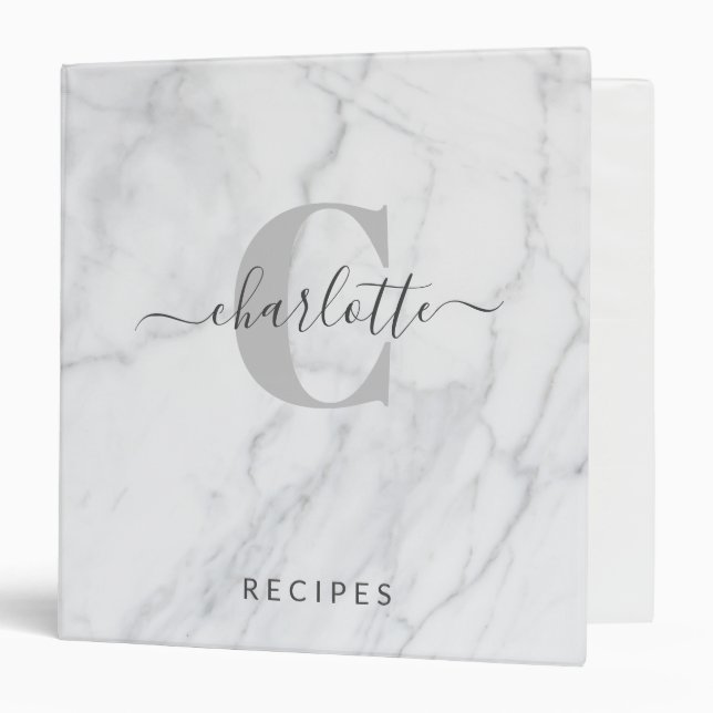 White Grey Marble Custom Monogrammed Recipe Binder (Front/Inside)
