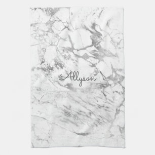 White & Grey Marble DIY Dark Grey Name or Monogram Kitchen Towel