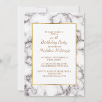 White Grey Marble Gold Trim Birthday Party Invite