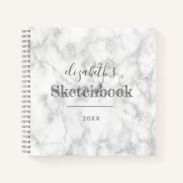 White Grey Marble Personalized Artist's Sketchbook Notebook (Front)