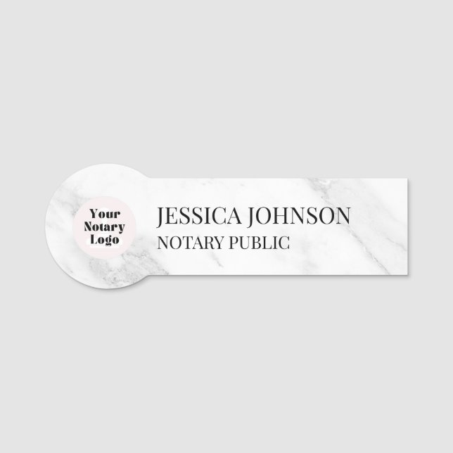 White & Grey Marble Personalized Notary Logo Name Tag (Front)