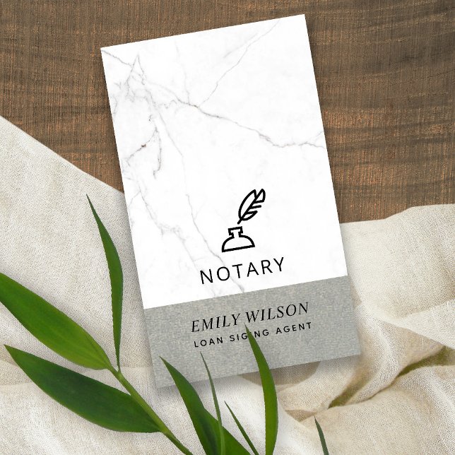 WHITE GREY MARBLE STONE TEXTURE FEATHE NIB NOTARY BUSINESS CARD (Creator Uploaded)