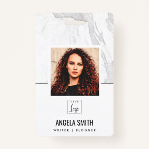 WHITE GREY MARBLE TEXTURE EMPLOYEE PHOTO BARCODE   BADGE