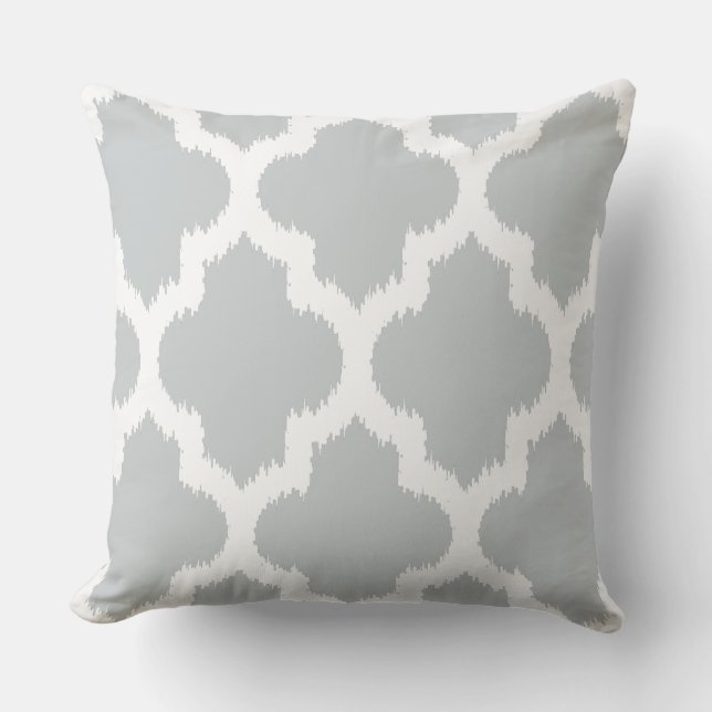 White & Grey Modern Quatrefoil Ikat Pattern Throw Pillow (Front)