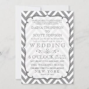 White Grey Modern Typography Chevron Wedding Invitation
