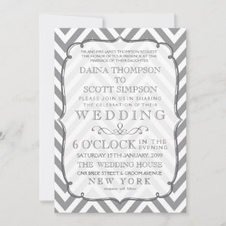 White Grey Modern Typography Chevron Wedding Invitation