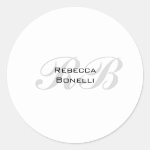 White Grey Monogram Name Initials Plain Stylish Classic Round Sticker