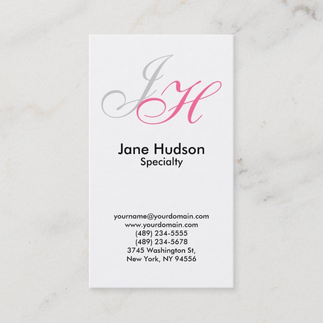 White Grey Monogram Simple Plain Business Card (Front)