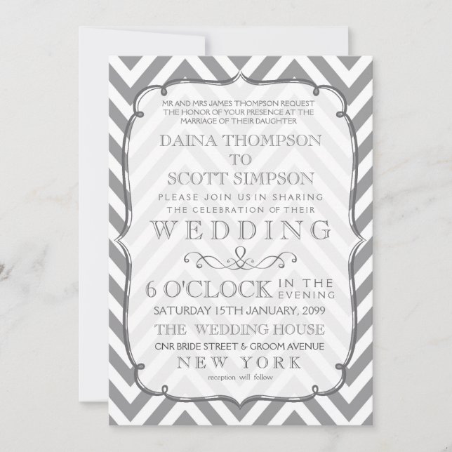 White Grey Neutral Alloy Chevron Stripes Wedding Invitation (Front)