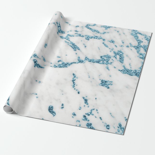 White Grey Ocean Blue Glitter Carrara Marble Stone Wrapping Paper (Unrolled)